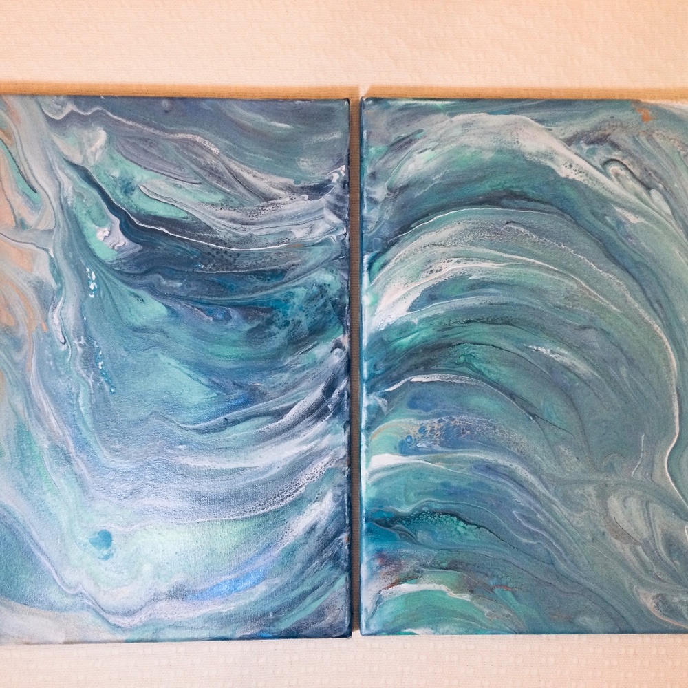 “Blue ocean waves “ pouring acrylic paintings duo